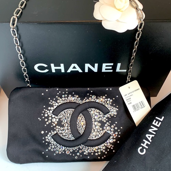 CHANEL 🖤 Rare Diamonte Swarovski Crystal Studded CC Black Satin Silk Chain Bag - Picture 9 of 16